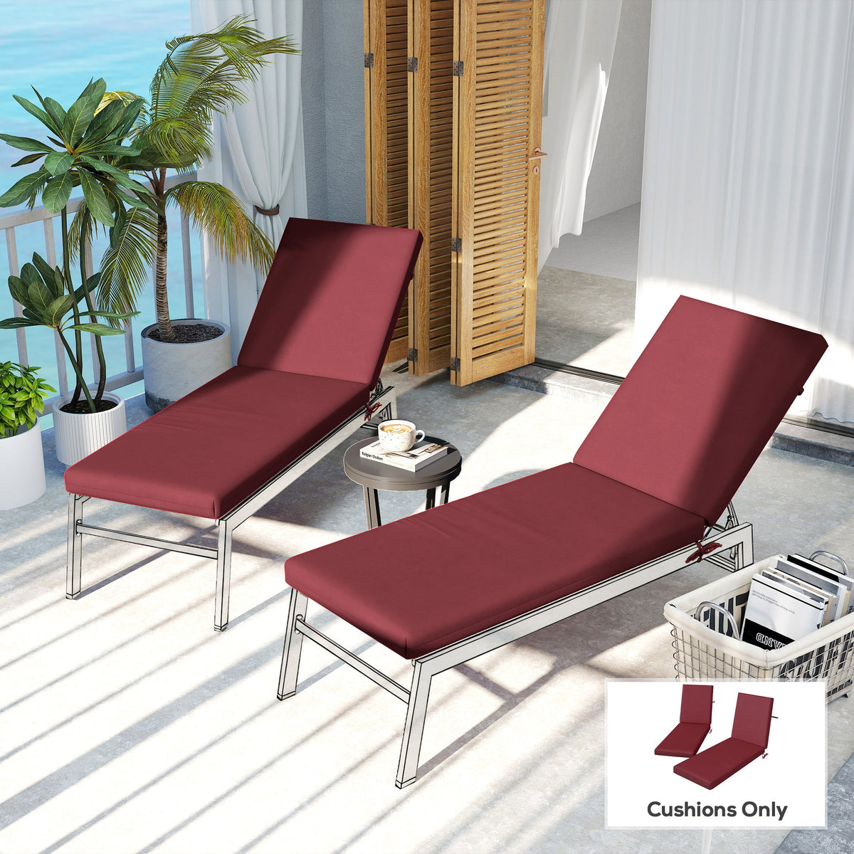 2pc Patio Chair Cushion Set with Ties for Indoor or Outdoor, Wine Red — product view 4