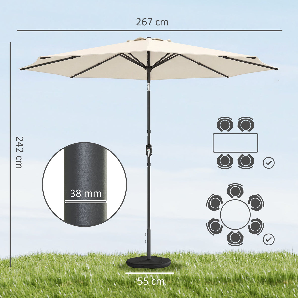 2.7 m Garden Parasol with Cross Base, Sandbag and Tilt, Cream White — product view 5