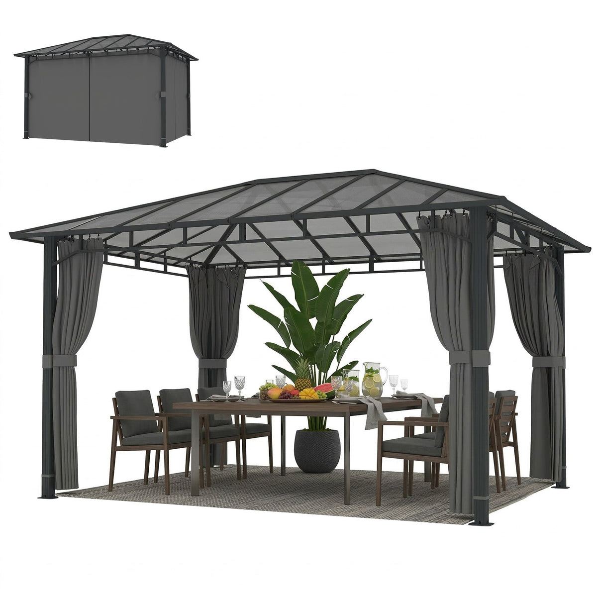 3 x 4 m Hardtop Gazebo with Polycarbonate Roof and Curtains, Dark Grey — product view 2