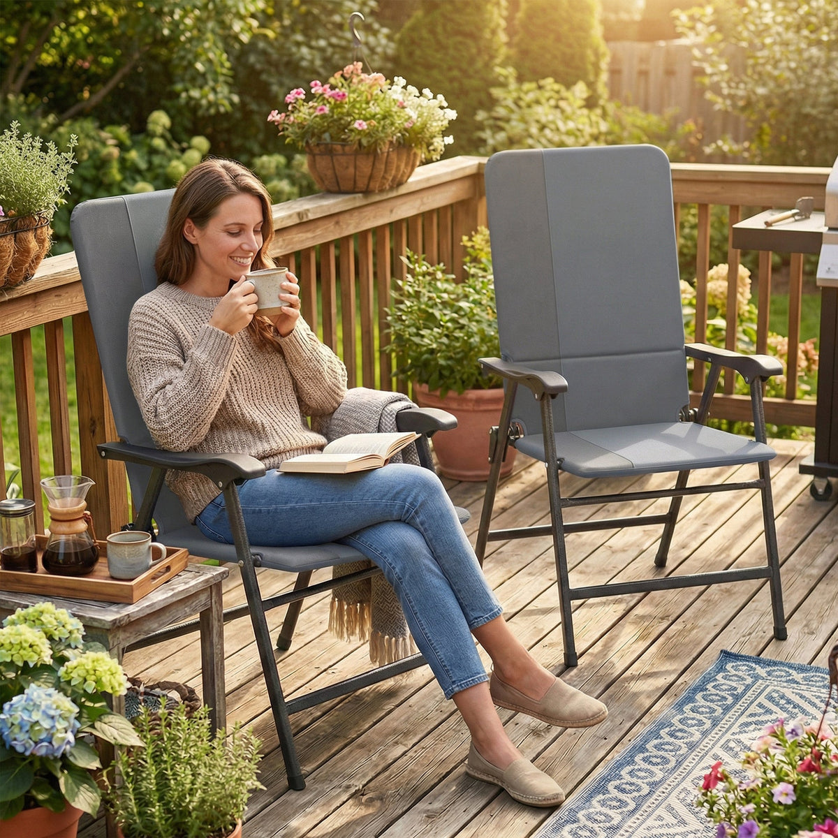 2 Piece Folding Patio Chairs with High Back and Armrests, Light Gray — product view 3