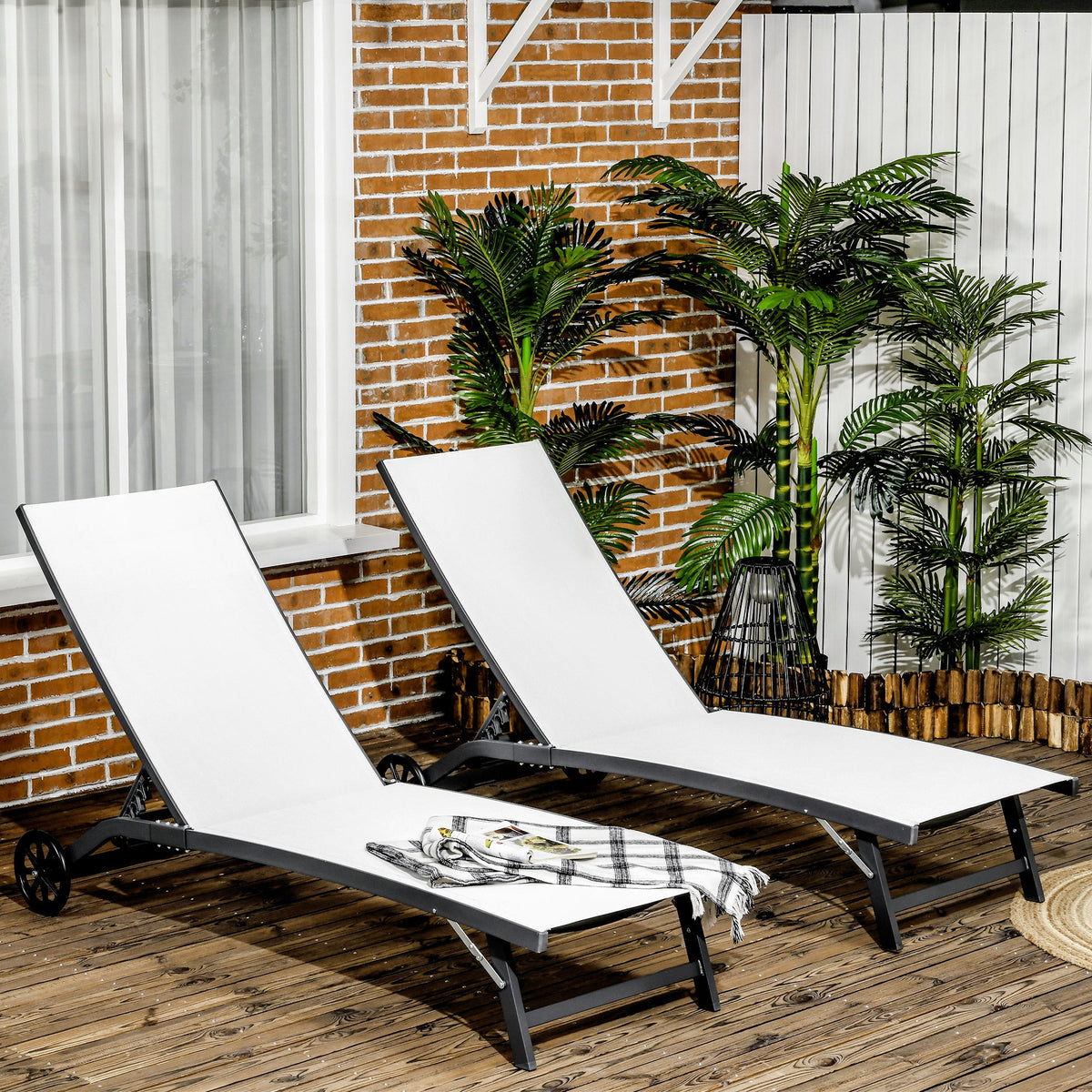 Set of 2 Outdoor Lounge Chairs with Wheels and Mesh Seat, Cream White — product view 4