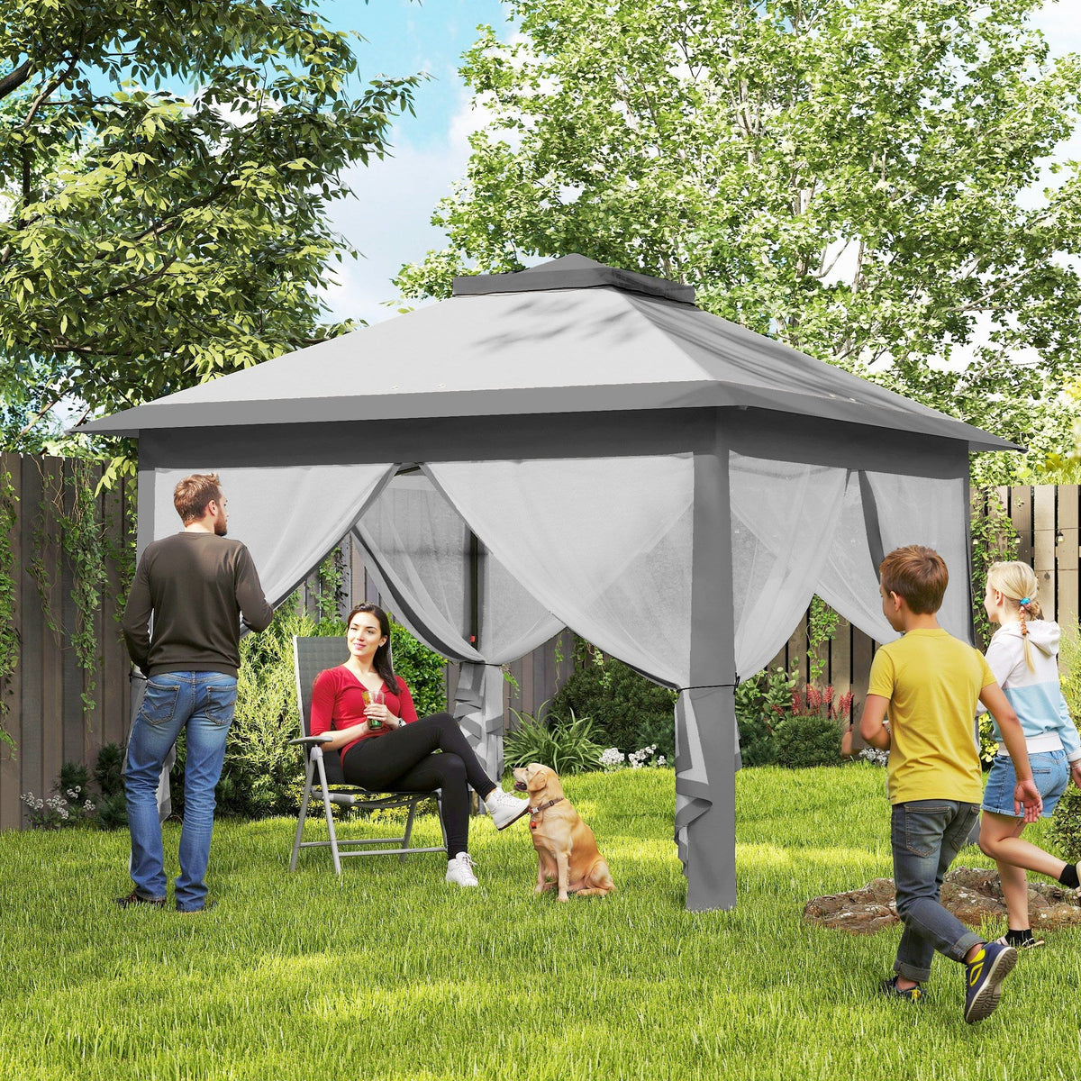 11' x 11' Pop Up Canopy with Double Roof and Mesh Sidewalls, Light Grey — product view 3