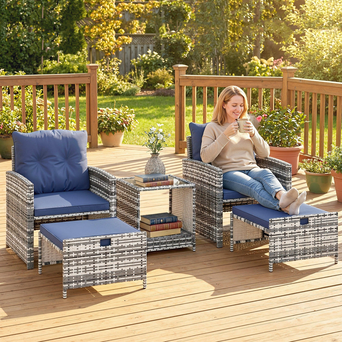 5-Piece Rattan Patio Set with Ottomans & 2-Tier Glass Table, Grey/Dark Blue — product view 3