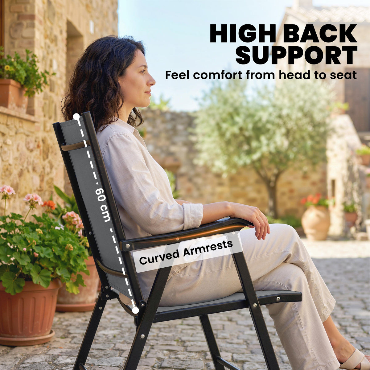Set of 2 Folding Garden Chairs with High Back and Armrests, Light Grey — product view 6
