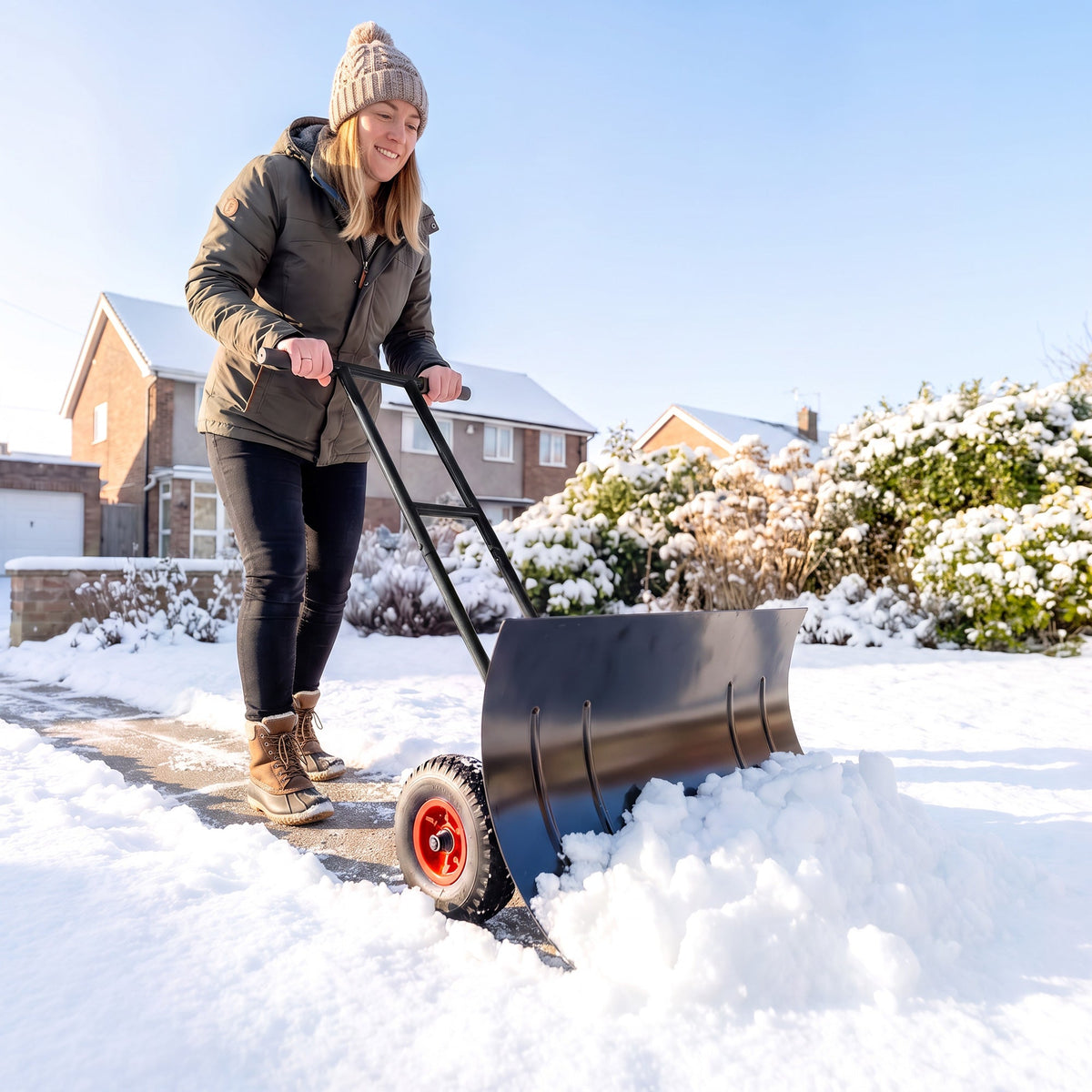 29" x 18" Heavy Duty Metal Snow Pusher with Wheels, 5-Level Adjustable Handle, Black — product view 4