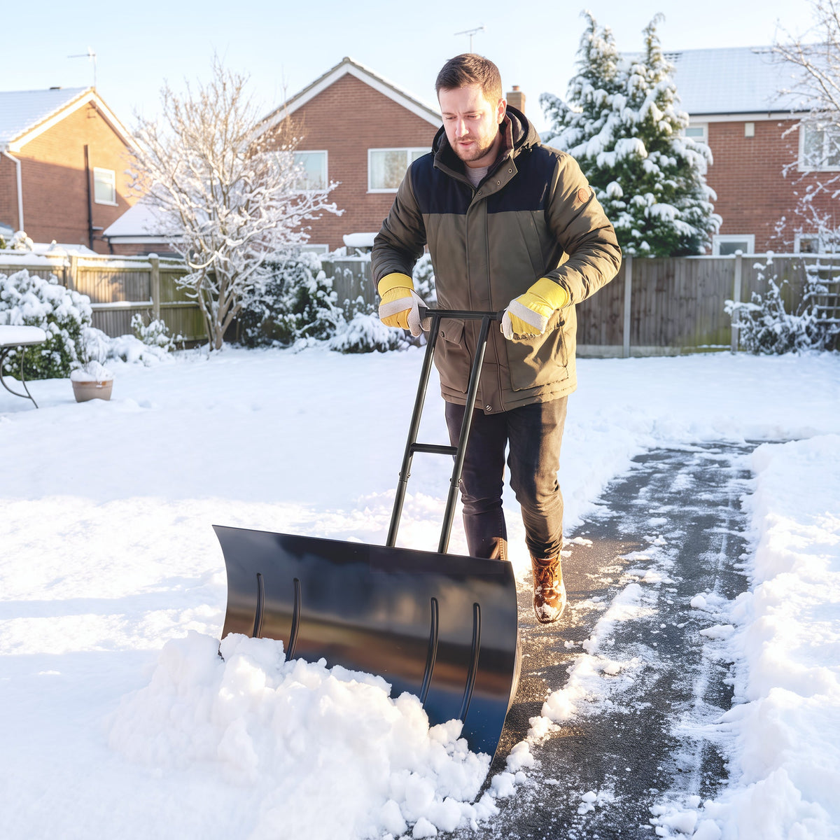 29" x 18" Heavy Duty Metal Snow Pusher with Wheels, 5-Level Adjustable Handle, Black — product view 3