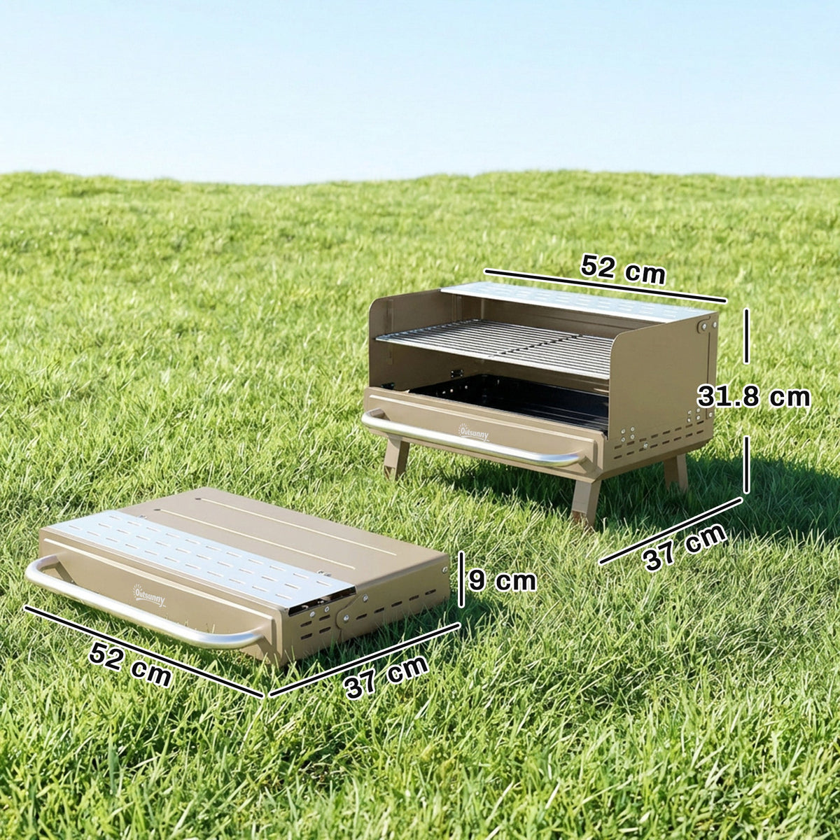 Portable Charcoal BBQ Grill with Adjustable Grates and Side Shelf, Khaki — product view 5