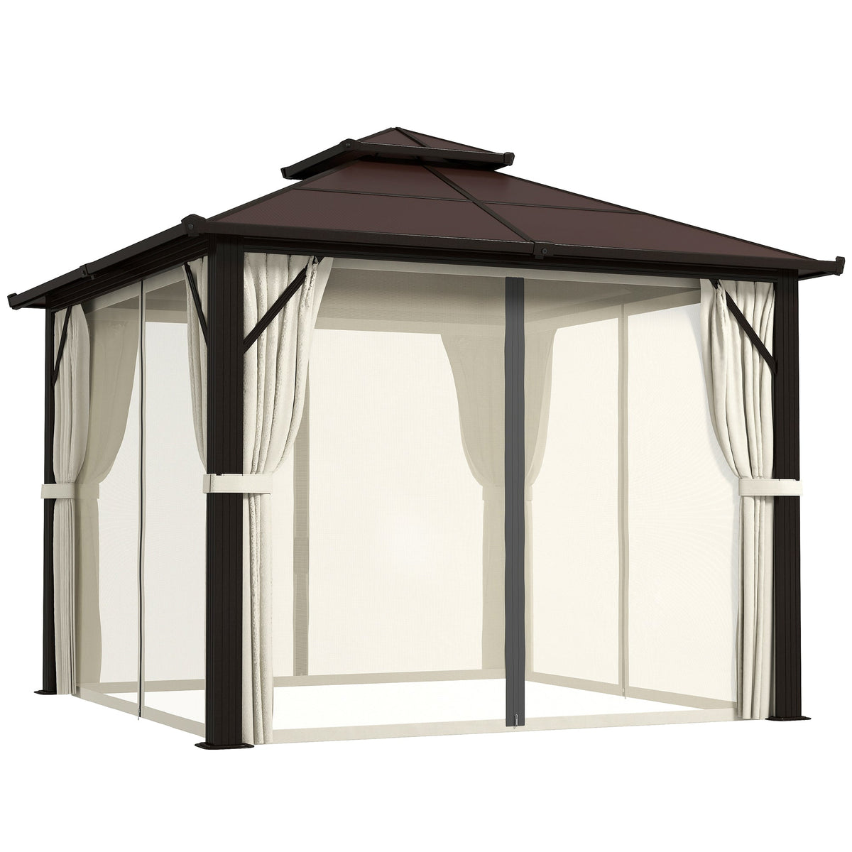 3 x 3m Hardtop Gazebo with Double Polycarbonate Roof, Curtains & Netting, Beige — product view 1