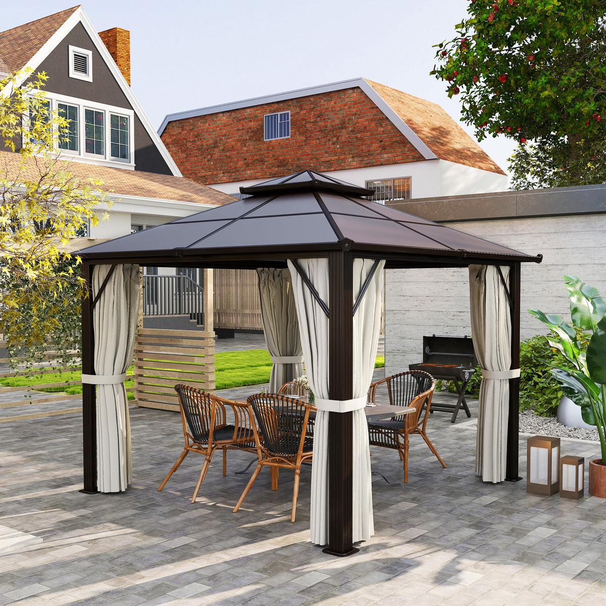 3 x 3m Hardtop Gazebo with Double Polycarbonate Roof, Curtains & Netting, Beige — product view 4