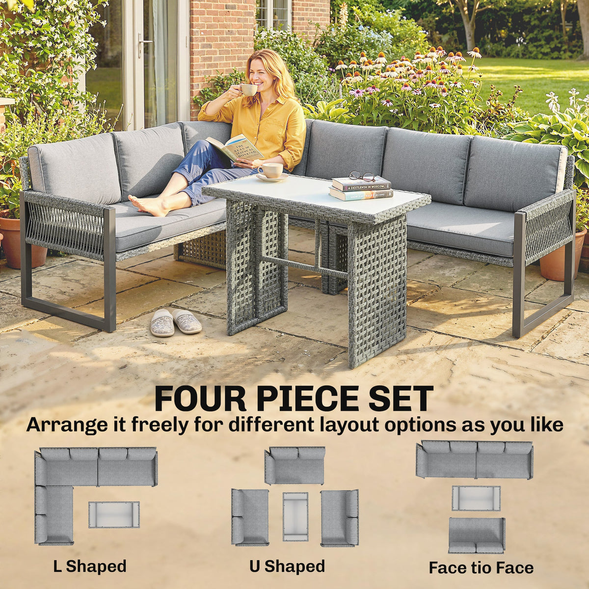 4 Piece Rattan Garden Furniture Set with 3 Loveseats, Grey — product view 6