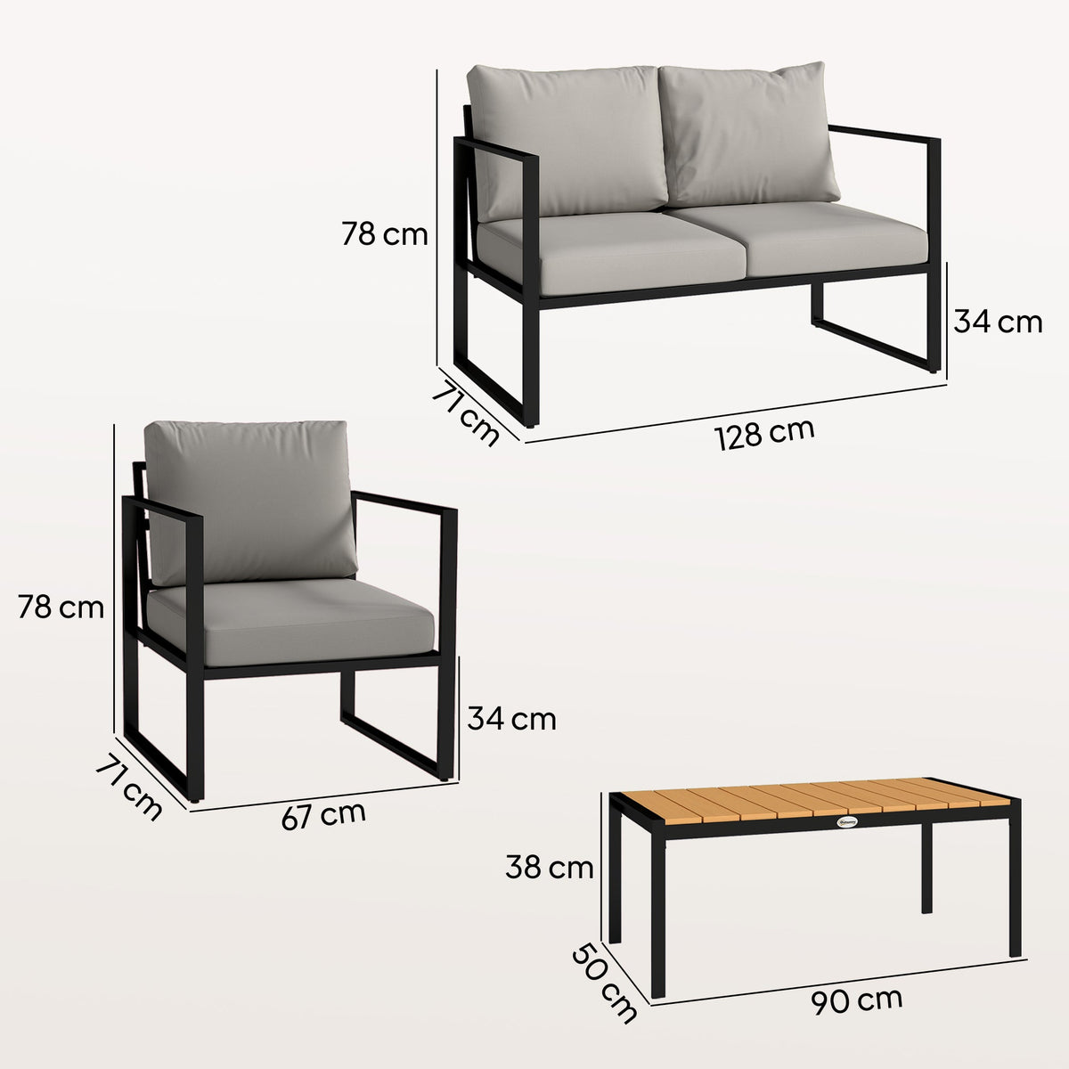 4 Piece Garden Furniture Set with Loveseat, Armchairs and Slatted Table, Grey — product view 5
