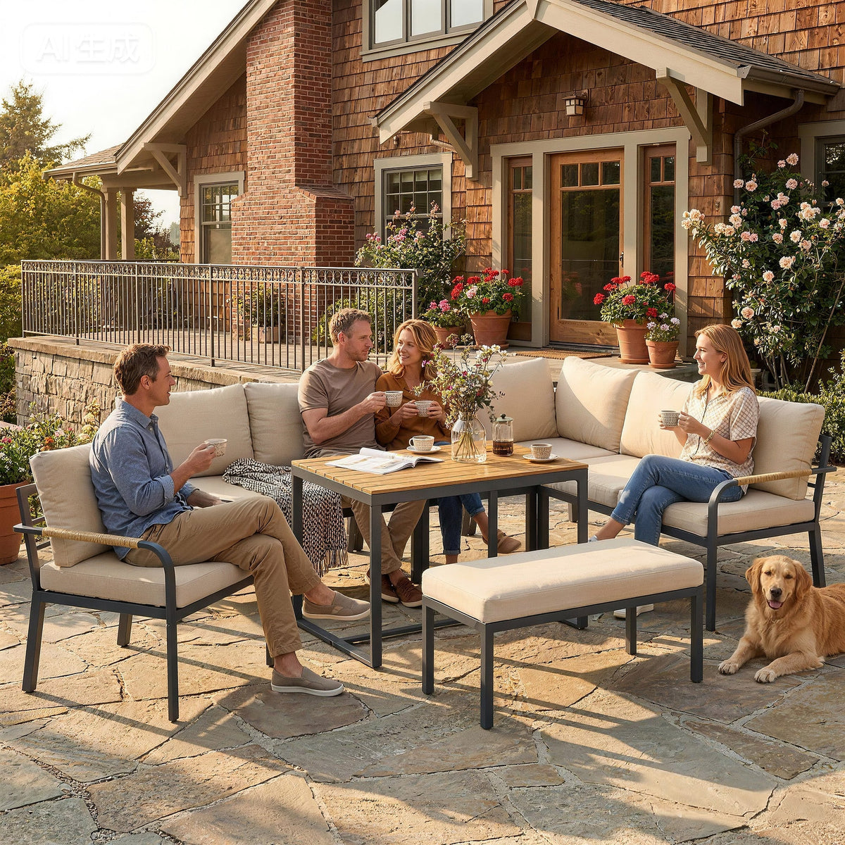 7 Seater Garden Furniture Set with Faux Wood Table, Khaki — product view 4