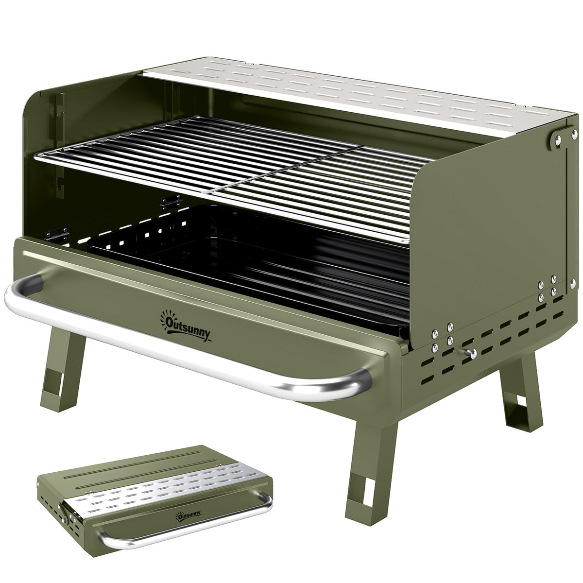 Portable Charcoal BBQ Grill with Adjustable Grates and Side Shelf, Green — product view 2