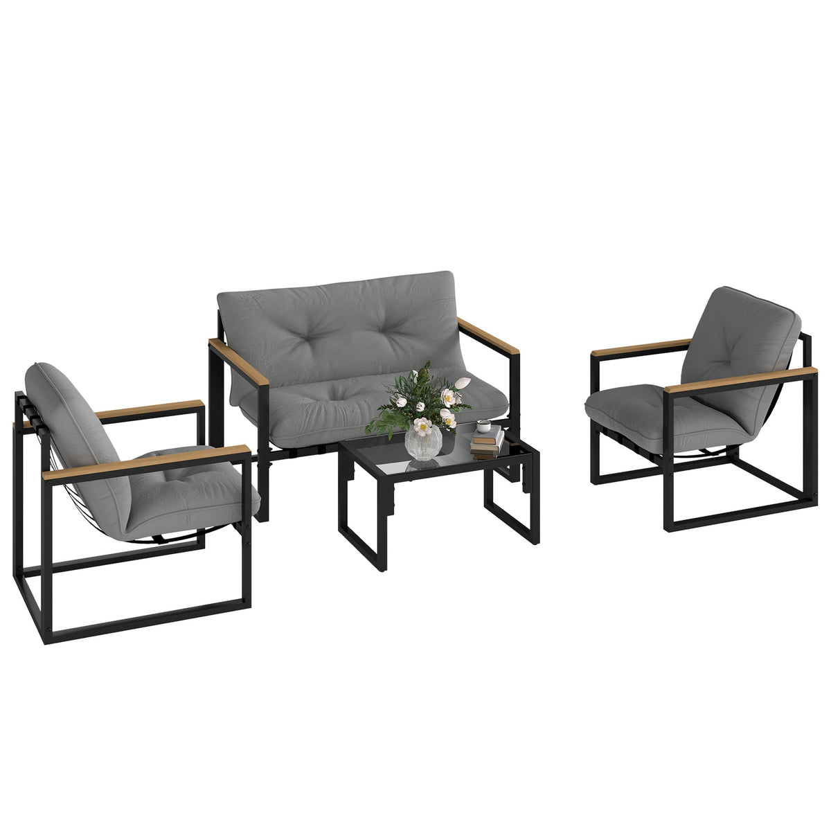 4 Piece Patio Furniture Set with Loveseat, Coffee Table and Thick Cushions, Light Grey — product view 1