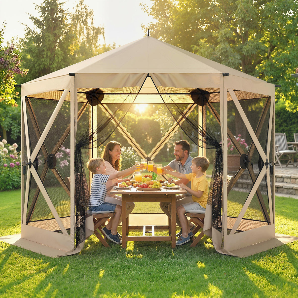 10' x 11' Pop Up Gazebo Screen Tent with Mesh Netting, Beige — product view 3