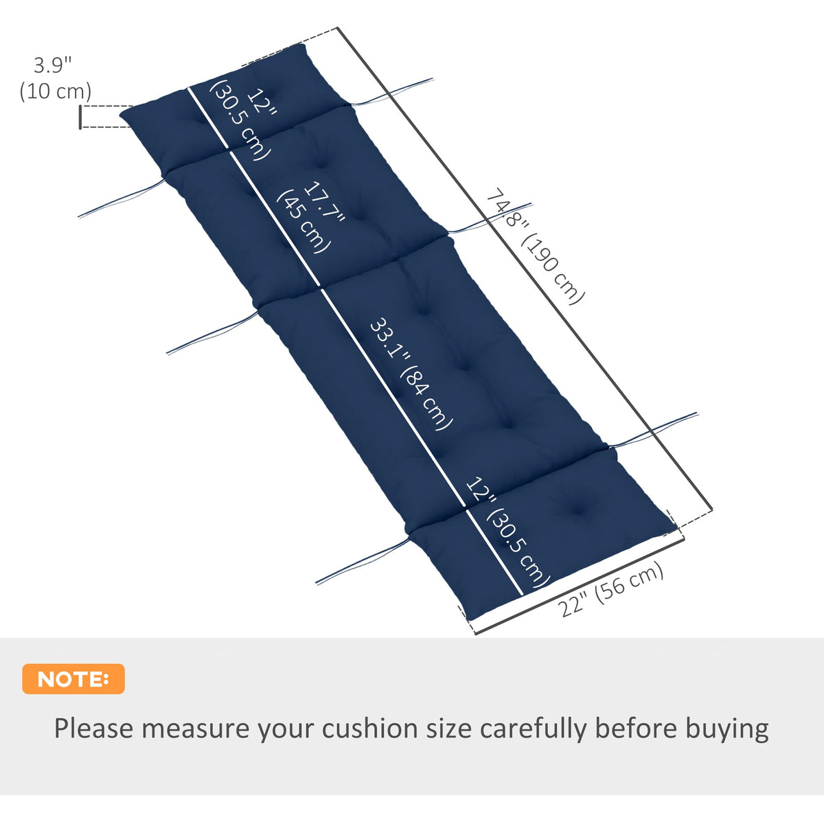 Tufted 74.8" x 22" x 4" Outdoor Chaise Lounge Cushion with Ties, Navy Blue — product view 5