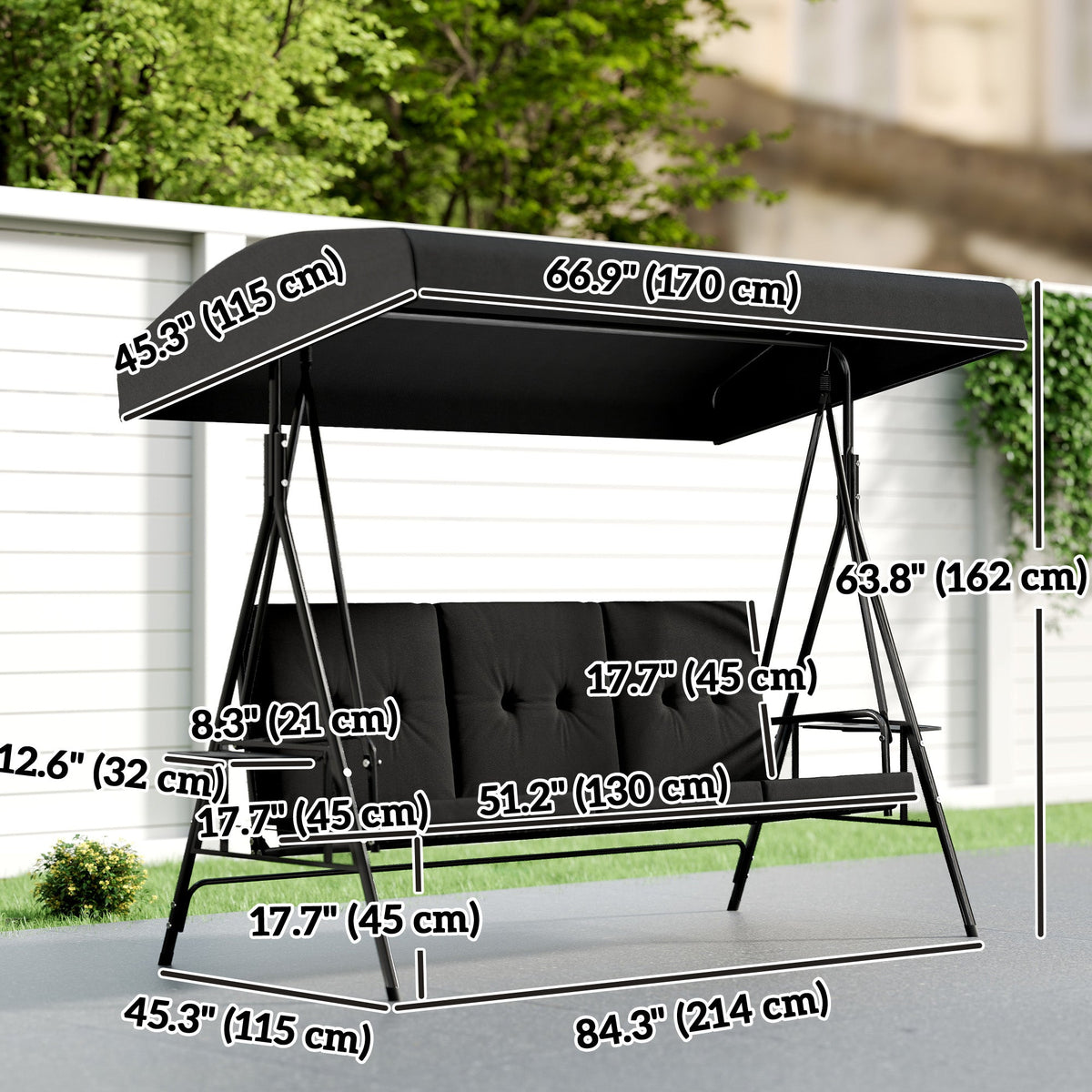 3-Seat Patio Swing Chair with Adjustable Canopy and Side Tray, Black — product view 5