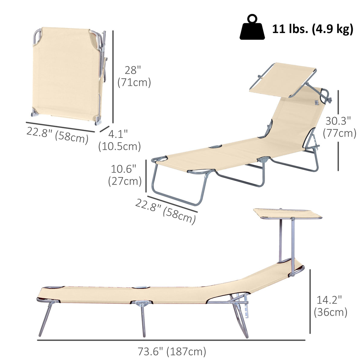 Adjustable Folding Lounge Chair with Sun Shade, Beige — product view 5
