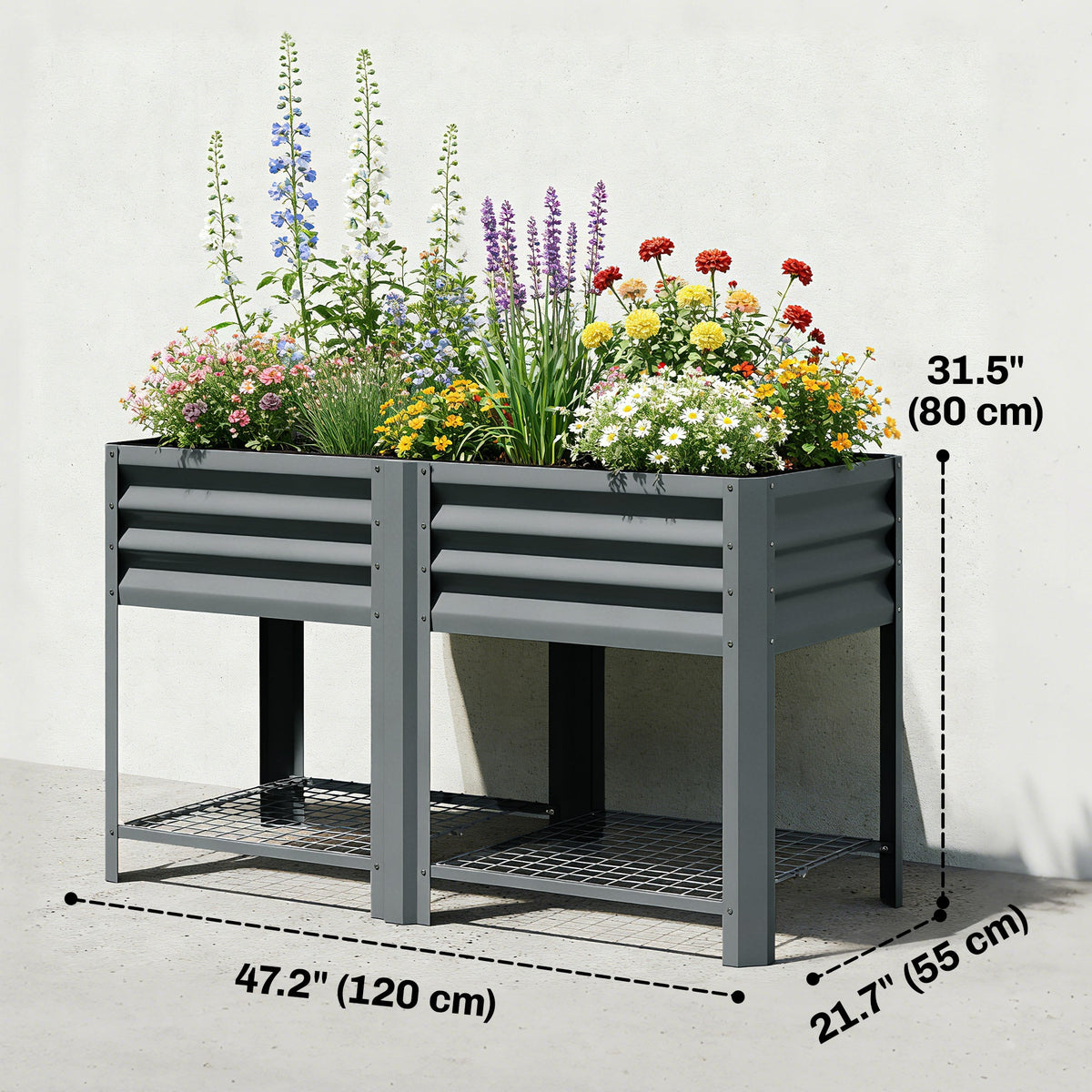 Galvanized Steel Raised Garden Bed with Legs and Storage Shelf, Dark Grey — product view 5