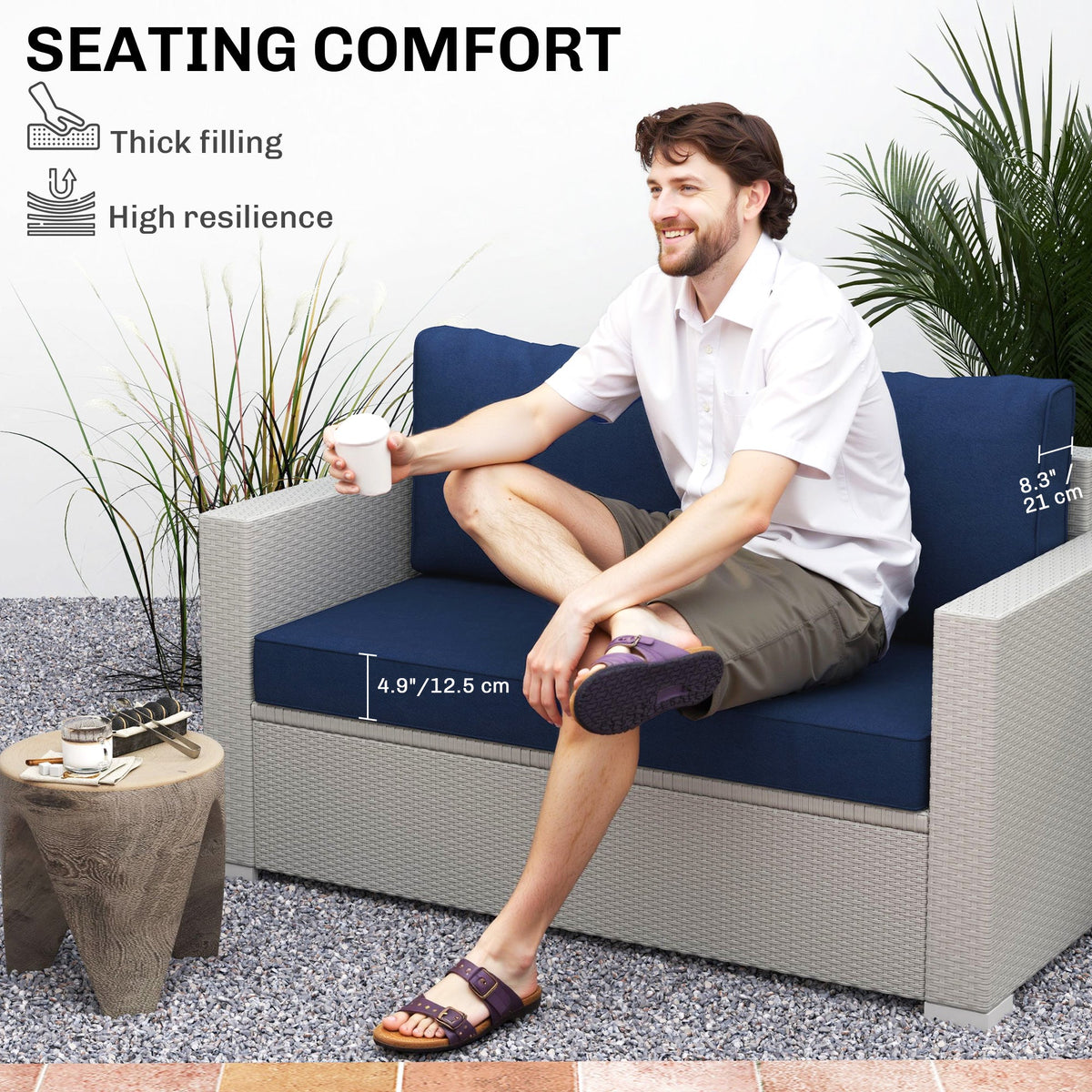 2 Seater Outdoor Seat Cushions with Backrest, Navy Blue — product view 6