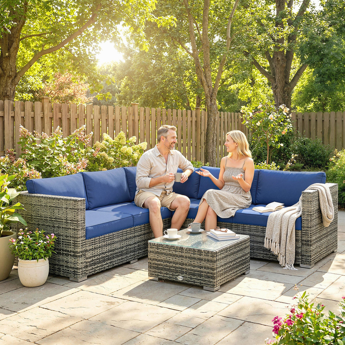 4 Piece Rattan Garden Furniture Set with Corner Sofa, Coffee Table & Cushions, Blue — product view 3