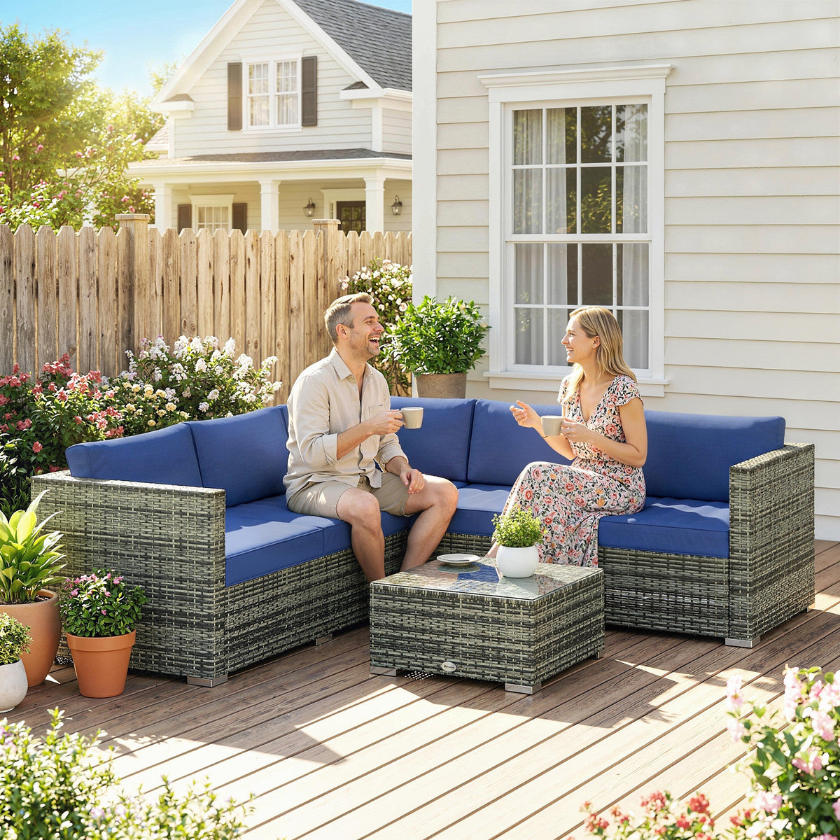 4 Piece Rattan Garden Furniture Set with Corner Sofa, Coffee Table & Cushions, Blue — product view 4