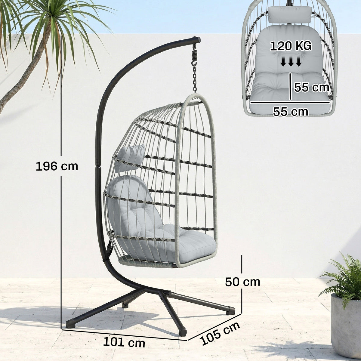 Hanging Egg Chair with Foldable Metal Stand, Thick Cushion, Light Grey — product view 5