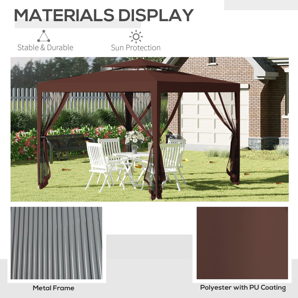 10' x 10' Canopy Tent with Mesh Netting and Double Tier Roof, Brown — product view 7