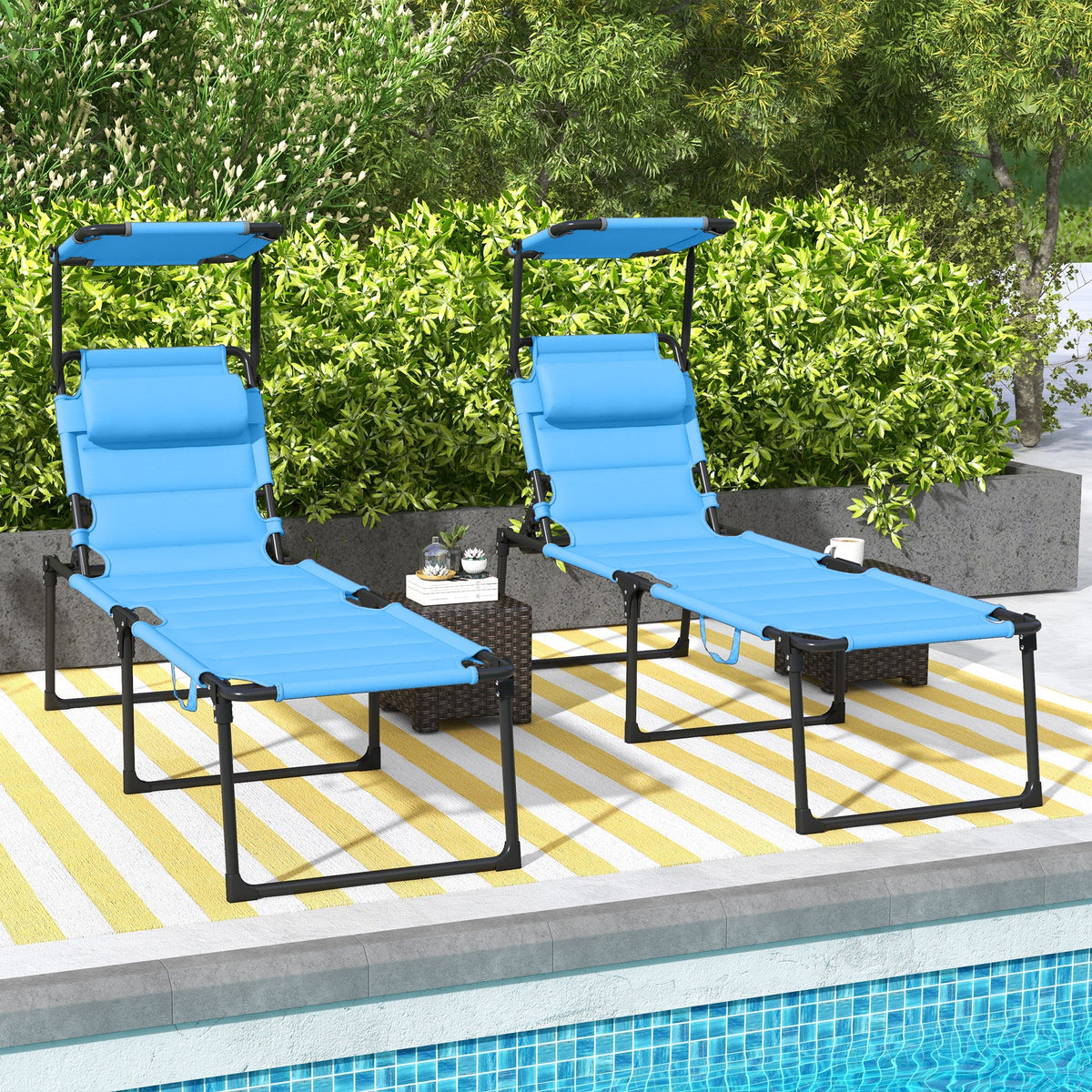 2-Piece Outdoor Lounge Chairs with Sunshade and Pillow, Light Blue — product view 4