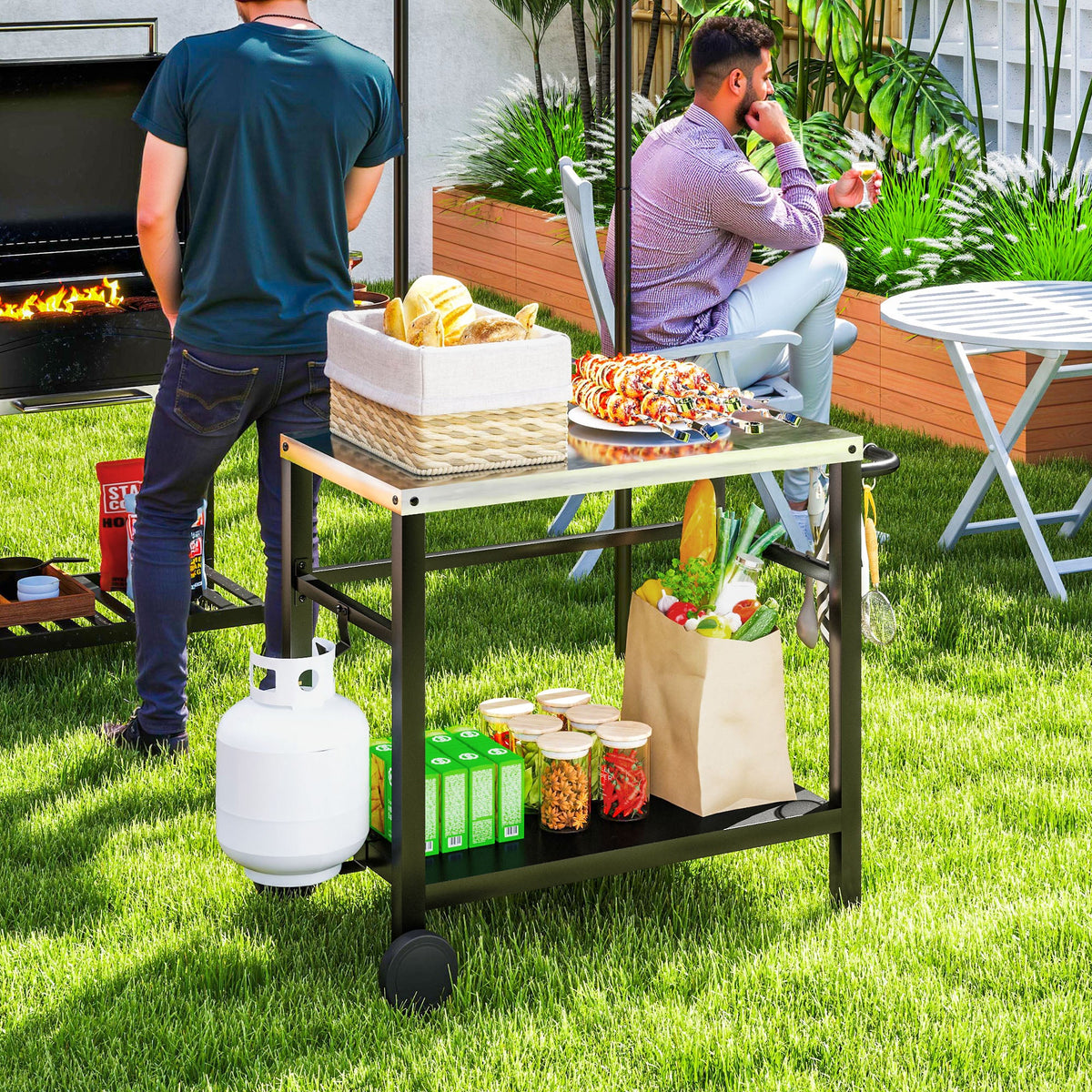Outdoor Grill Cart with Stainless Steel Top, 2 Shelves and Wheels, Charcoal Grey — product view 3