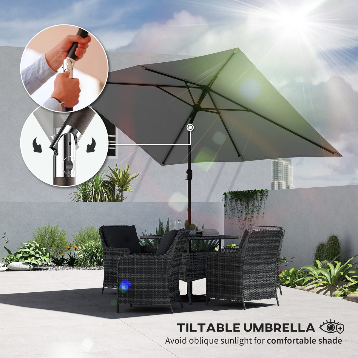 3 x 2 m Garden Parasol with Crank Handle and Tilt Function, Light Grey — product view 6