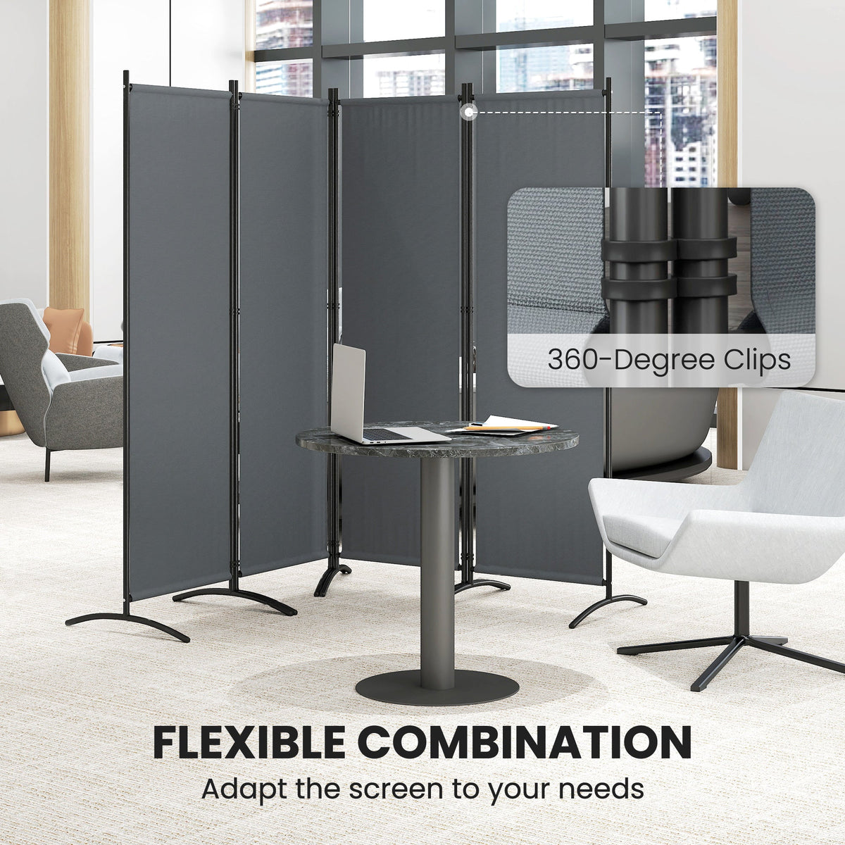 4 Panel Folding Room Divider with Wide Feet, Dark Grey — product view 7