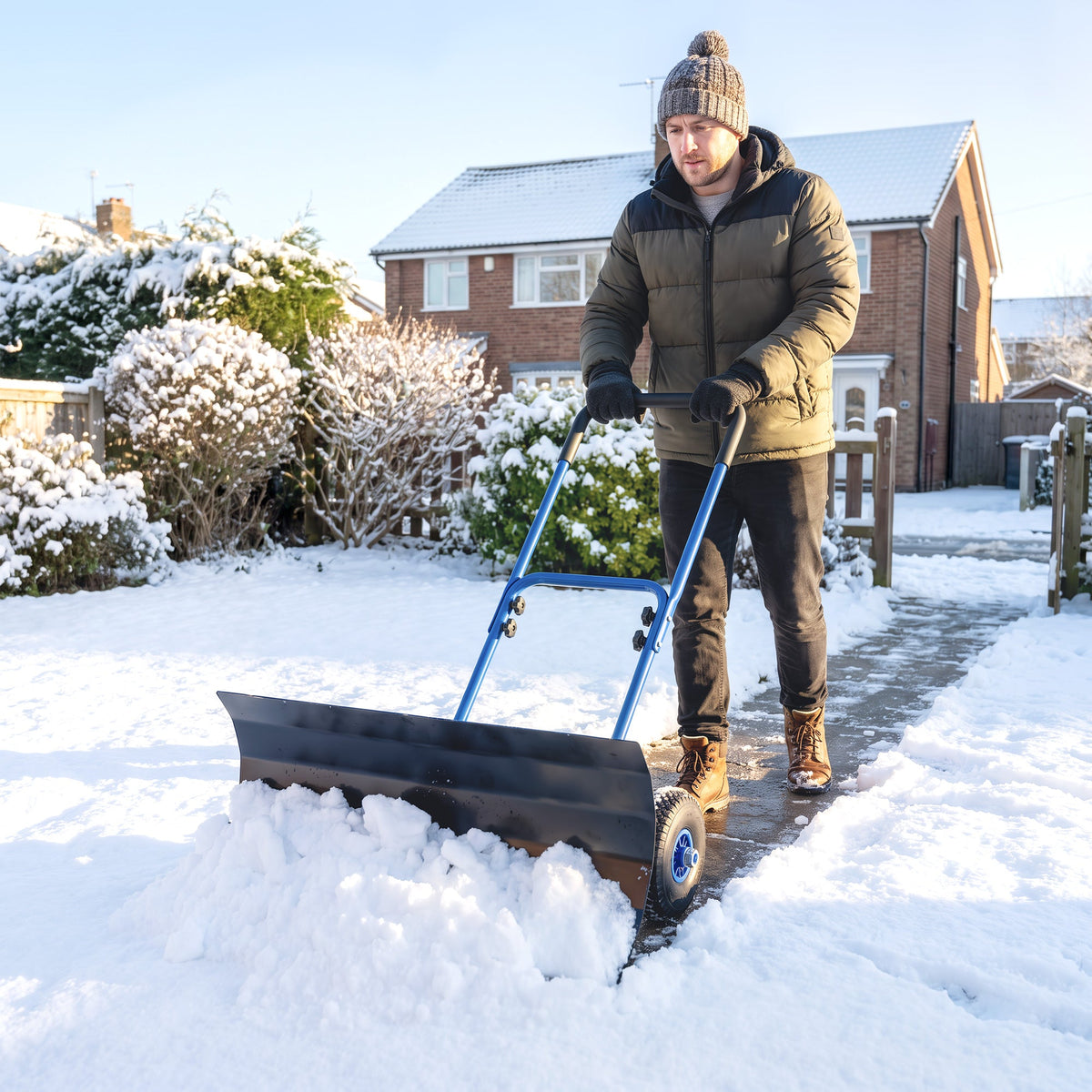 Heavy Duty Snow Pusher with Wheels, 29" x 16.5" Metal Blade, 5-Level Handle, Blue — product view 3