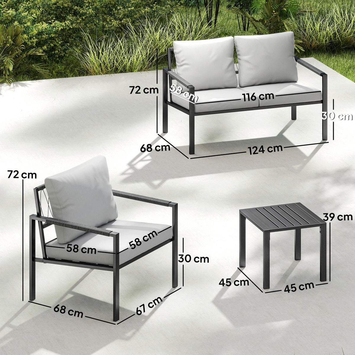 5 Piece Metal Garden Sofa Set with Loveseat, Armchairs & Tables, Light Grey — product view 5