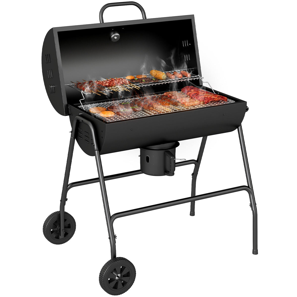 Portable Barrel Charcoal BBQ Trolley Smoker with Wheels, Black — product view 1