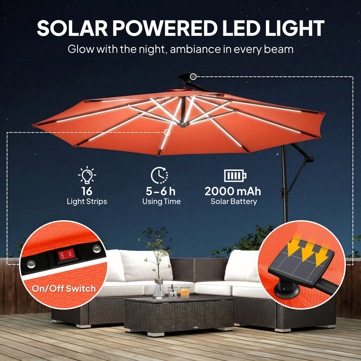 3 m Cantilever Parasol with Solar LED Light, Cover & 360° Rotation, Orange — product view 6