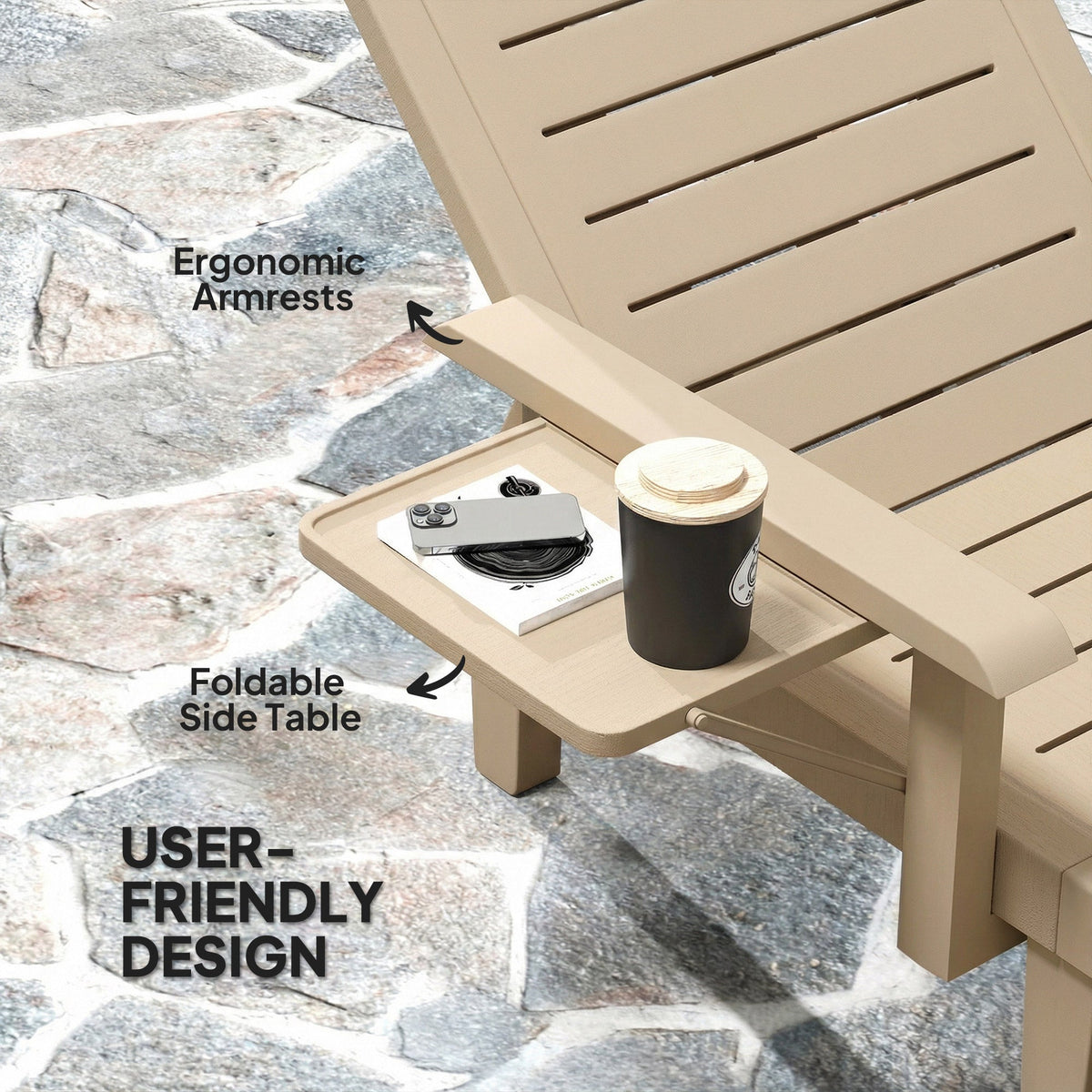 Set of 2 Resin Sun Loungers with Foldable Side Table, Khaki — product view 7