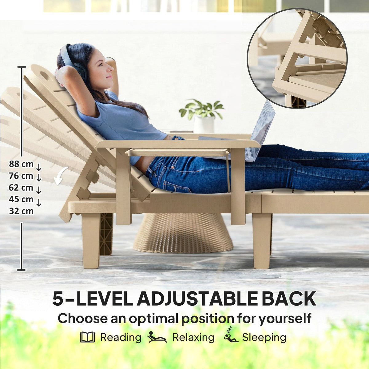 Set of 2 Resin Sun Loungers with Foldable Side Table, Khaki — product view 6