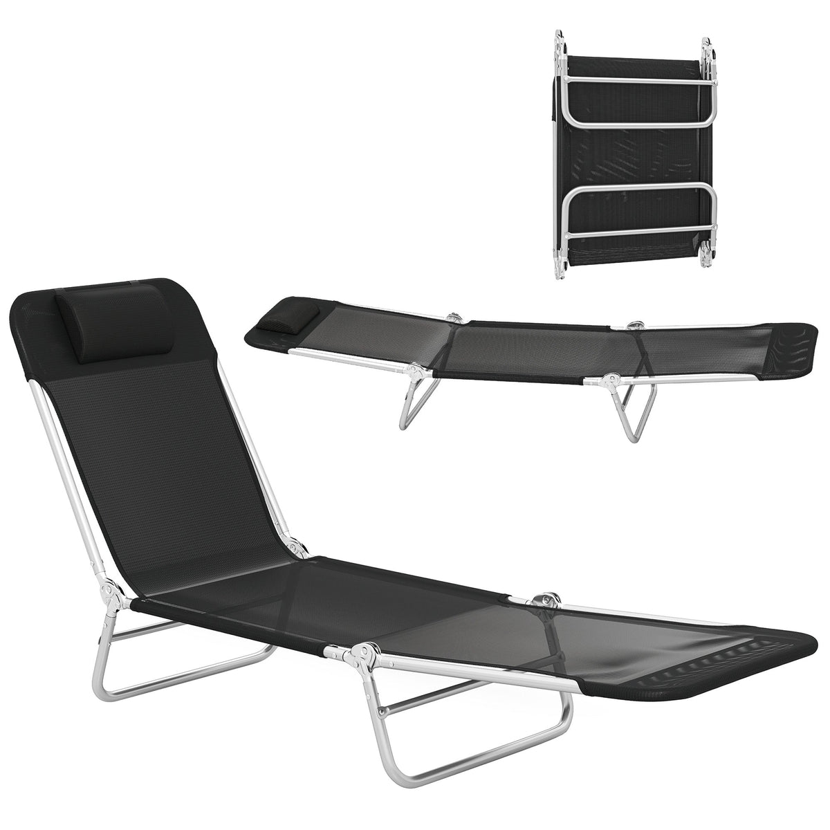 Folding Chaise Lounge Chair with Reclining Back, Breathable Mesh Seat, Headrest for Beach, Yard, Patio, Black — product view 1
