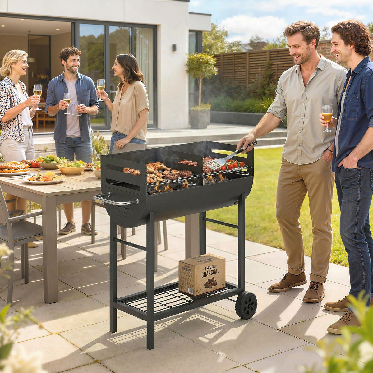 Charcoal BBQ Trolley, Metal 2-Zone Grill on Wheels, Adjustable Grates, Black — product view 4