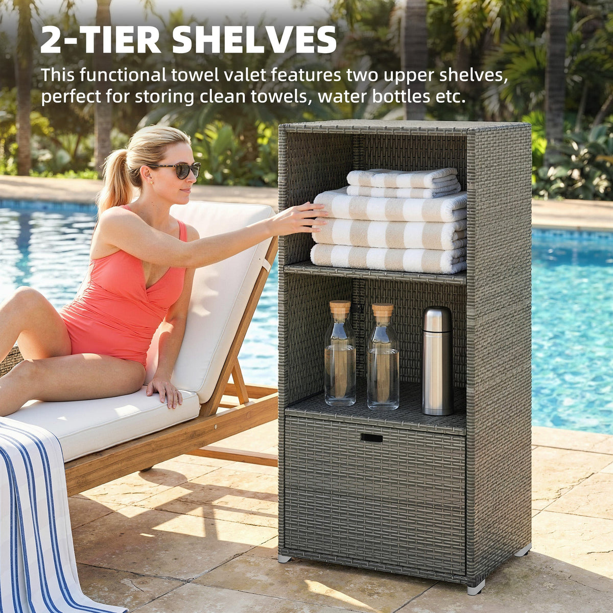 Pool Towel Rack with 2 Shelves and Basket Drawer, PE Rattan, Dark Gray — product view 6