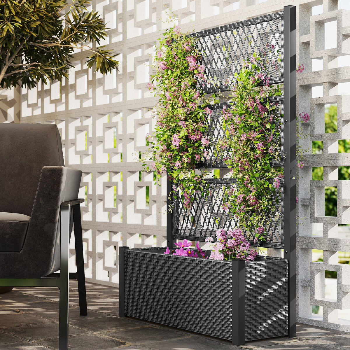 58" Wicker Outdoor Planter with Trellis and Privacy Screen, Dark Grey — product view 3