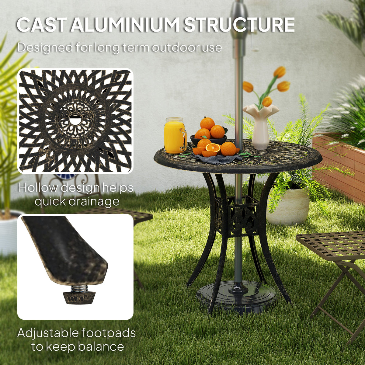 78 cm Round Cast Aluminium Garden Table with Parasol Hole, Bronze Tone — product view 6