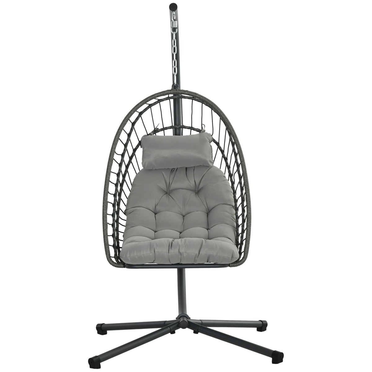 Rattan Hanging Egg Chair with Metal Stand, Foldable Basket & Cushion, Light Grey — product view 2