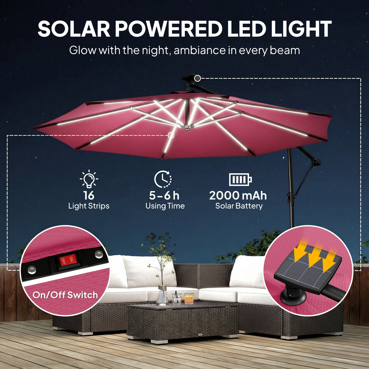 3 m Cantilever Parasol with Solar LED Light, Cover & 360° Rotation, Wine Red — product view 6