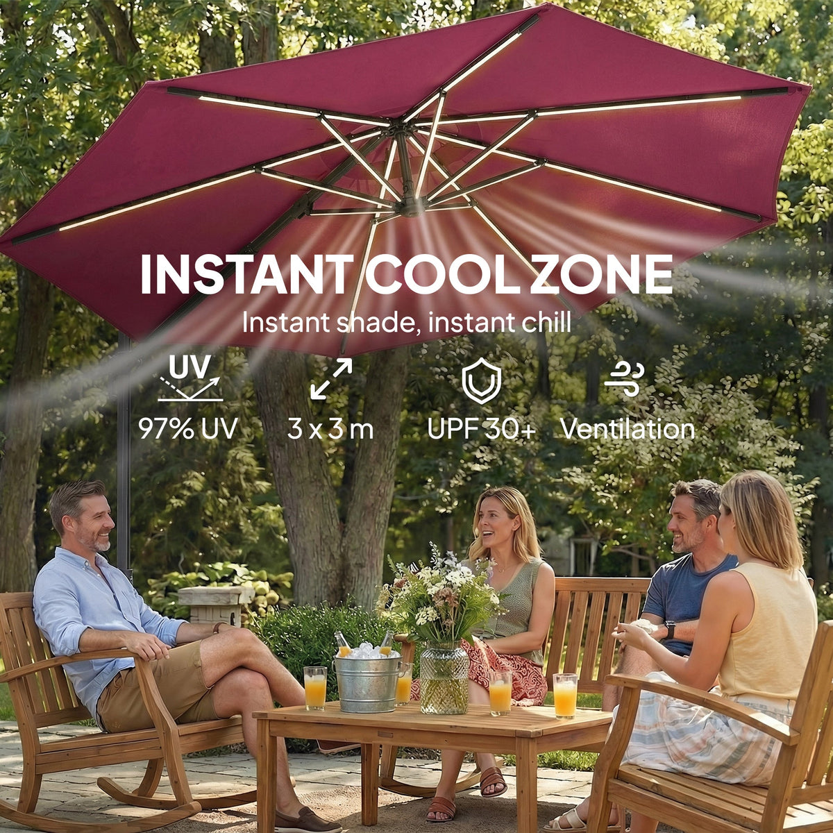 3 m Cantilever Parasol with Solar LED Light, Cover & 360° Rotation, Wine Red — product view 7