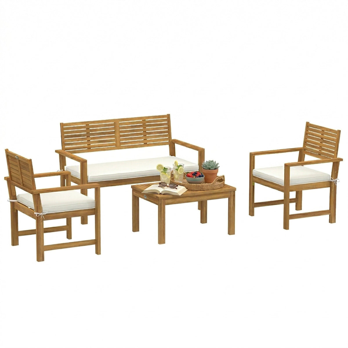 4-Seater Acacia Wood Outdoor Set with Loveseat, 2 Armchairs & Wood-Top Table, Cream — product view 1