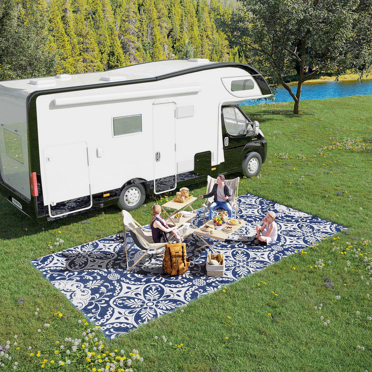 9' x 18' Reversible Outdoor Rug, Blue & White Floral — product view 3