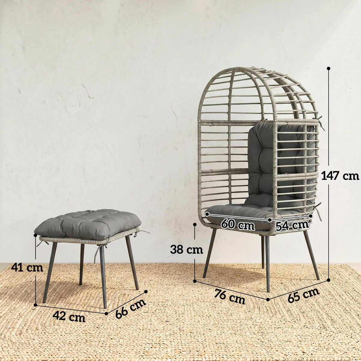 Standing PE Rattan Egg Chair with Footstool and Thick Cushions, Light Grey — product view 5