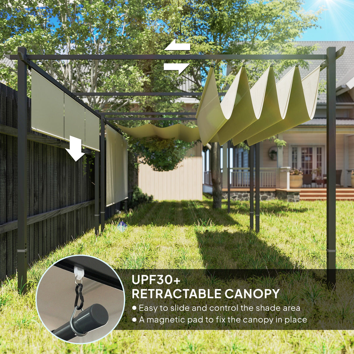 3 x 4m Metal Pergola with Retractable Roof & Roller Shade, Beige — product view 6